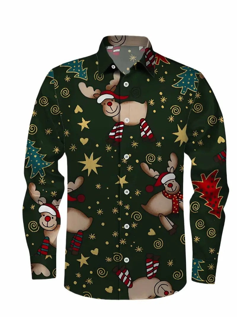 Christmas themed men's 3D hat printed formal shirt, Christmas pattern long sleeved shirt, fashionable men's shirt