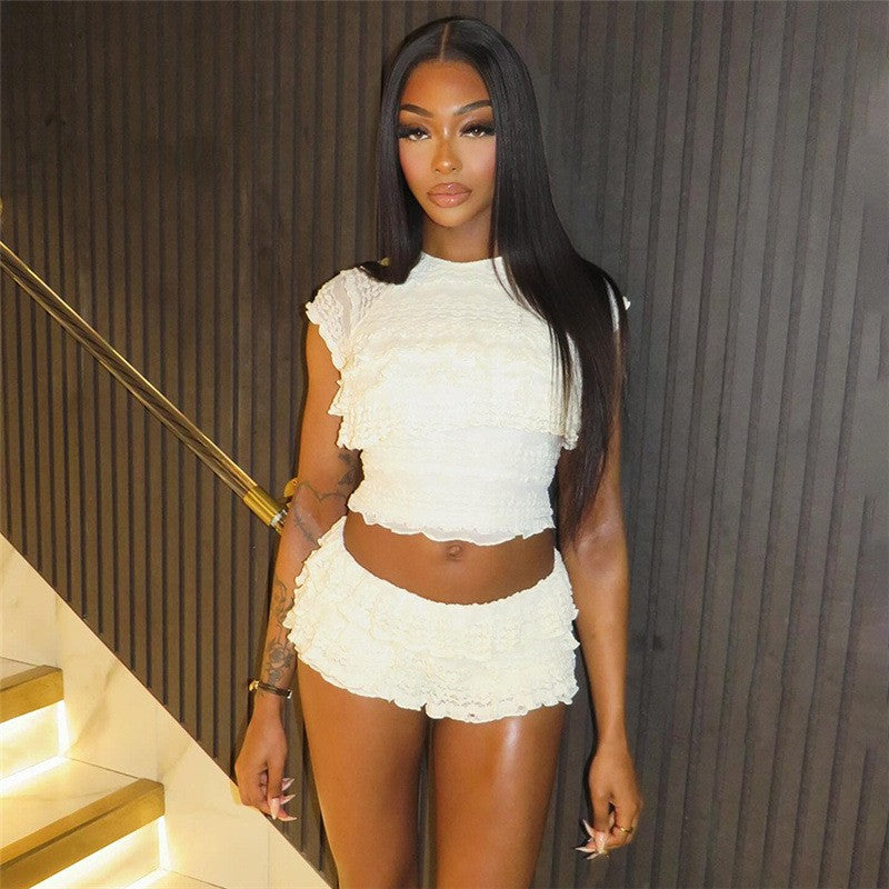 2025 New Fashion Sweet Temperament Solid Color Lace Spice Girl Pleated Low Waist Navel Shorts Femininity Sexy