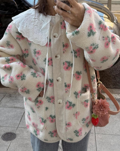 Casual Printed Short Fleece Jacket Women Fashion Round Neck Single Breasted Pocket Loose Jackets Lady Daily Commute Office Coat