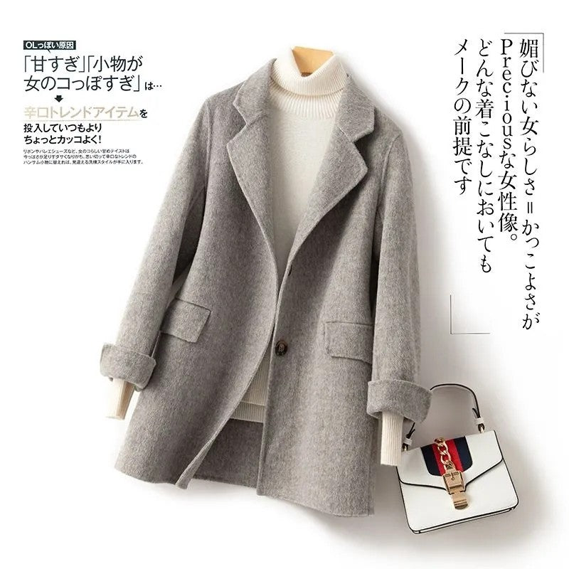 100% Pure Wool Woolen Coat Women 2025 Autumn Winter Suit Wool Overcoat Thin Cashmere Two-sided Jacket Suit Collar Outwear Female