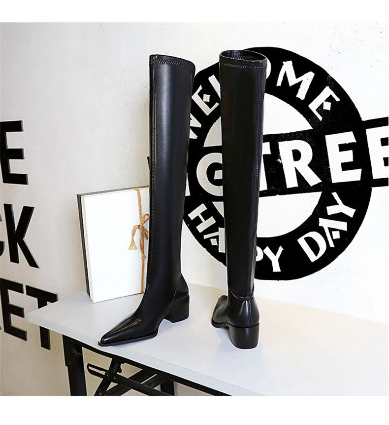 2024 New Autumn Women's Pointed Toe Boots Over-the-Knee Sewing Slip On PU Leather Square Heel Street Style Shoes Black