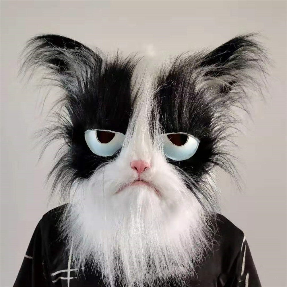 Latex with Fur Black Cat Cosplay Mask Scary Helmet Animal Funny Costume Hood Hair Mask Headwear Adult Halloween Party Props