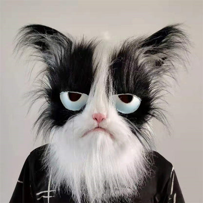 Latex with Fur Black Cat Cosplay Mask Scary Helmet Animal Funny Costume Hood Hair Mask Headwear Adult Halloween Party Props