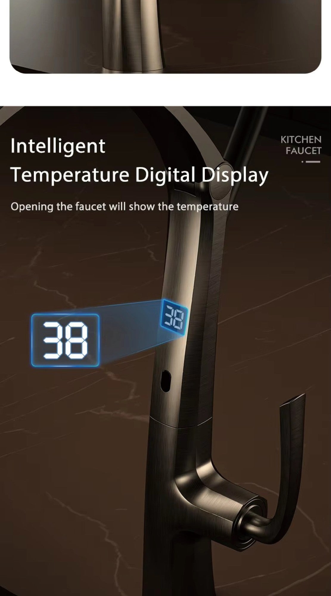 Luxury Gunmetal Brass Kitchen Faucet with LED Display,Sensor&Pull-Out 3-Function Spray,Touchless High Pressure Water-Saving Tap