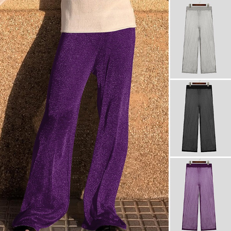 Shiny Men Casual Trousers 2024 Men Fashion Long Pnats INCERUN Elastic Waist See Through Wide Leg Bottoms Trousers Men