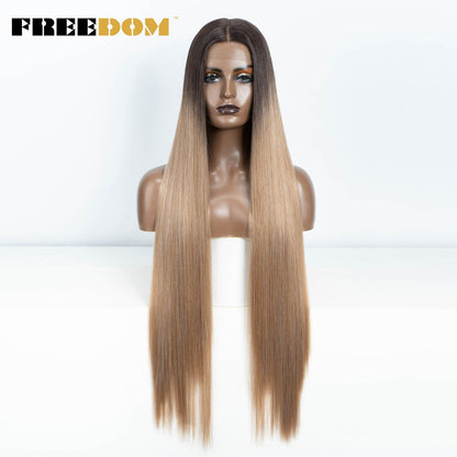 Peruca frontal de renda sintética FREEDOM para mulheres, 38 polegadas, longa, lisa, ombré, marrom, vermelho, gengibre, destaque, perucas frontais de renda, peruca de cosplay