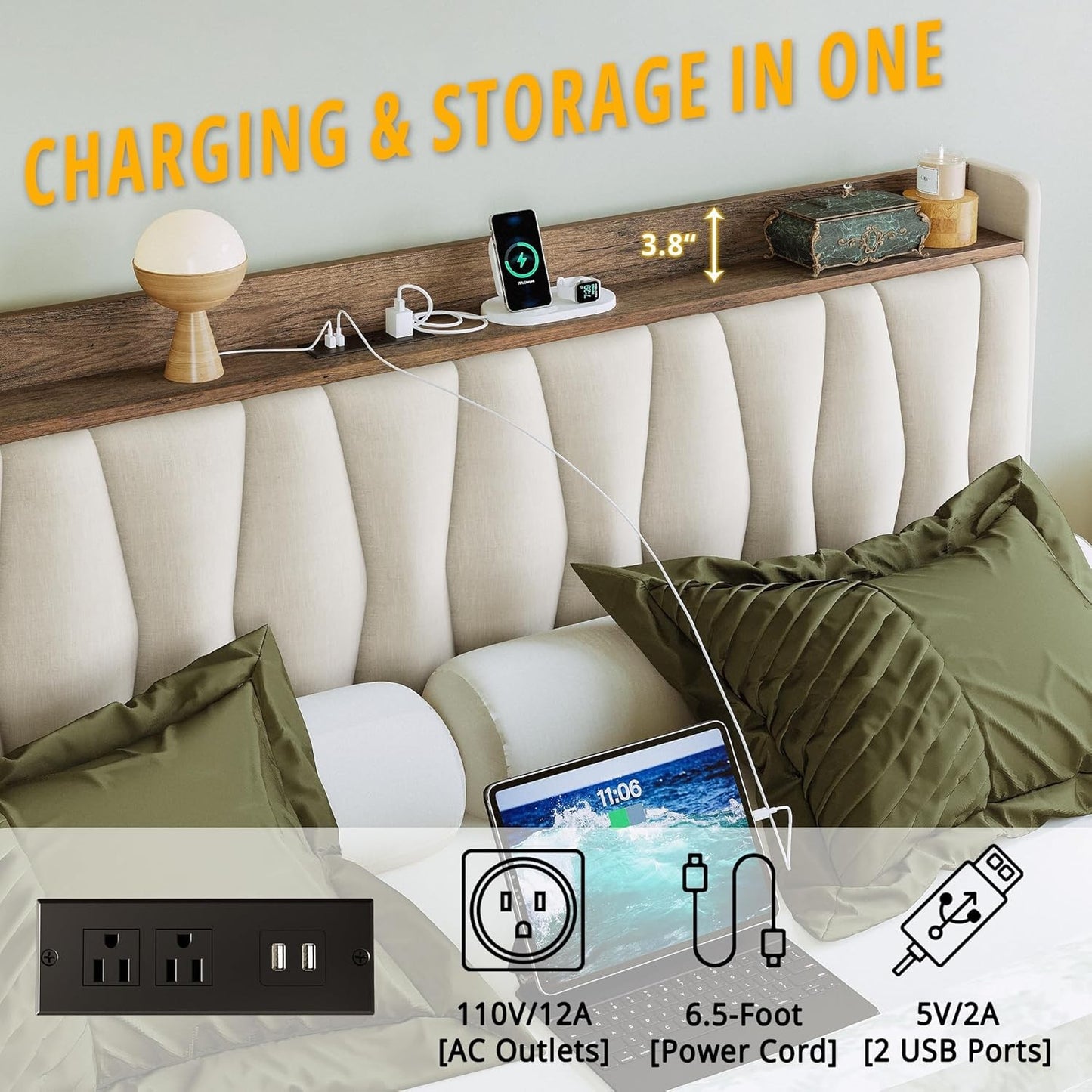 Cama de Solteiro com Estrutura e 3 Gavetas, Cama Plataforma Estofada com Cabeceira Armazenadora e Estação de Carregamento, Não Precisa de Box