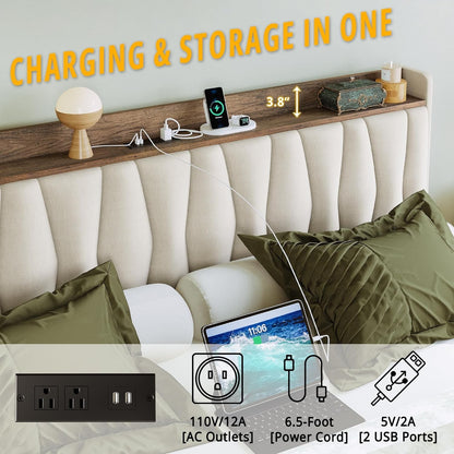Cama de Solteiro com Estrutura e 3 Gavetas, Cama Plataforma Estofada com Cabeceira Armazenadora e Estação de Carregamento, Não Precisa de Box