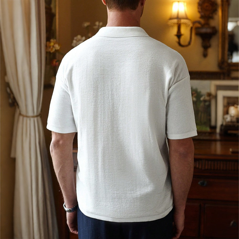 Men's Short Sleeve Summer Knit Lapel Striped Polo Shirt Fashion Light Luxury Popular Knitwear Breathable Casual Slim Top US Size