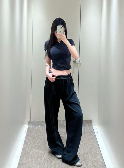 Calças retas femininas de secagem rápida calças de moletom de perna larga preto azul sólido fitness yoga esportes corredores