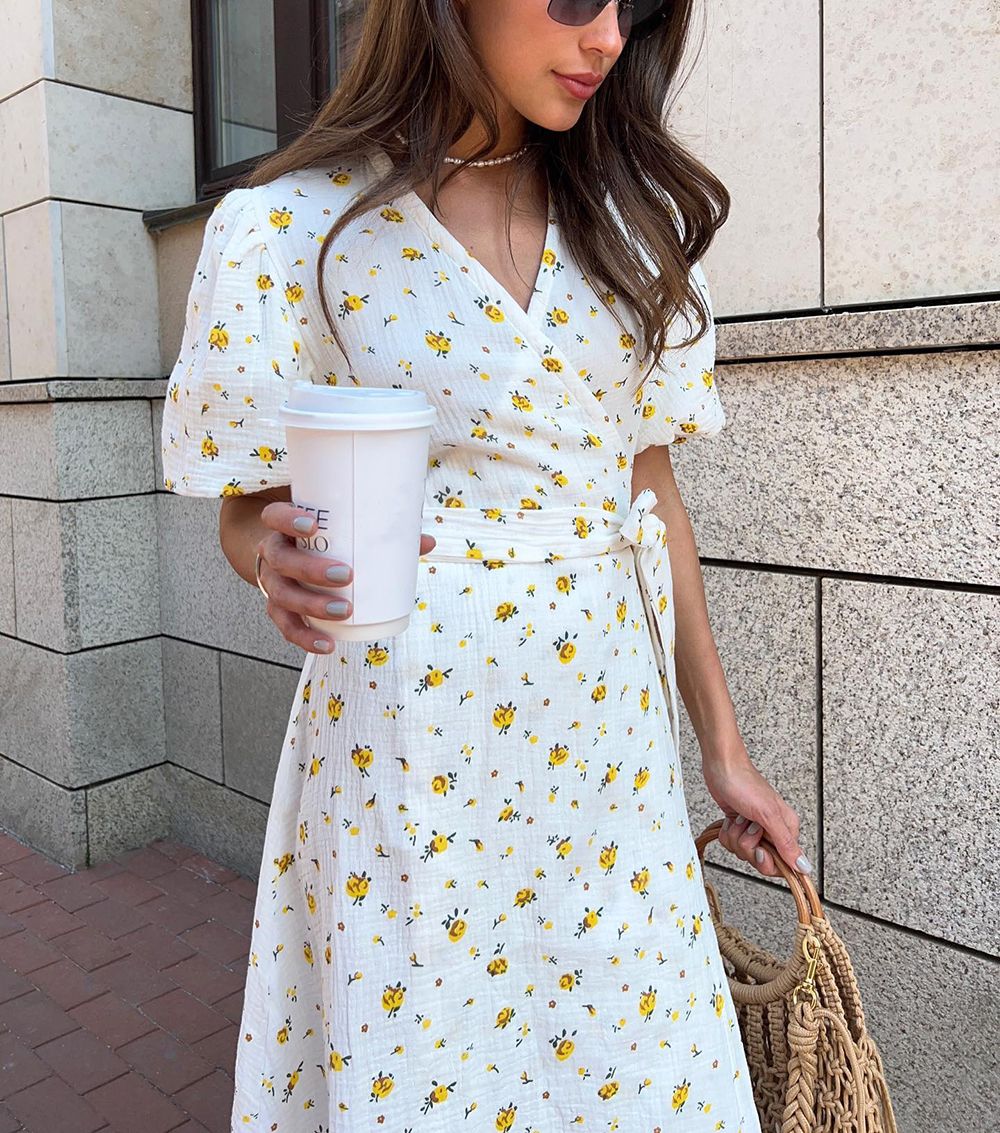Casual Women's Summer Dresses 100% Cotton Floral Print A-line Midi Dress with Si