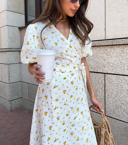 Casual Women's Summer Dresses 100% Cotton Floral Print A-line Midi Dress with Si