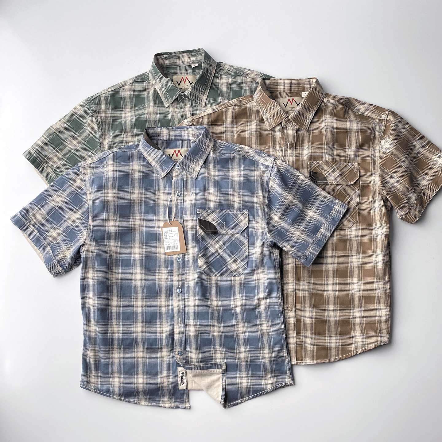 2025 Summer New American Retro Short Sleeve Lapel Plaid Cargo Shirt Men's Simple 100% Cotton Washed Single Pocket Casual Blouses