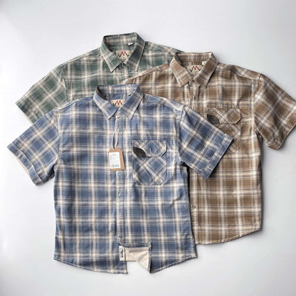 2025 Summer New American Retro Short Sleeve Lapel Plaid Cargo Shirt Men's Simple 100% Cotton Washed Single Pocket Casual Blouses