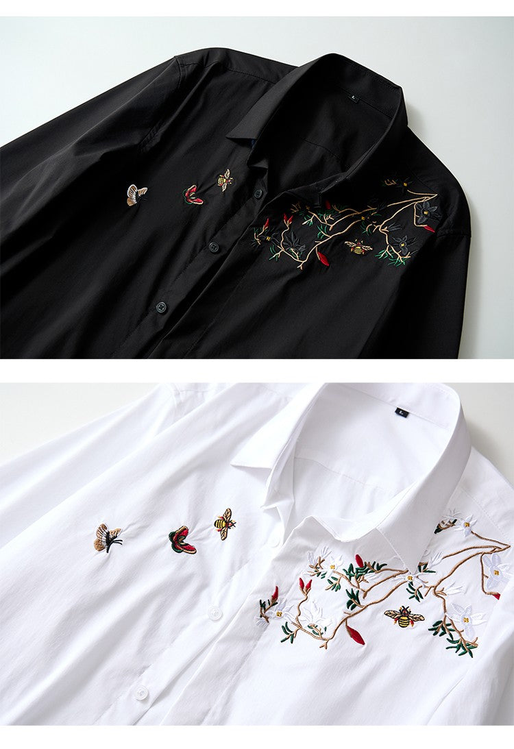 Black Mens Embroidered Long Sleeve Shirt, Black Single Breasted Lapel Casual Shirts, Asian Size M-6XL