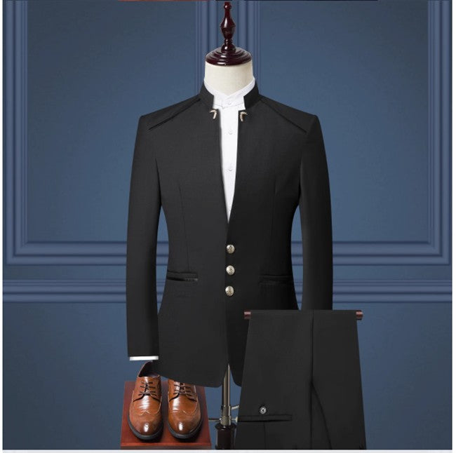 (Jacket+Pants) Men Fashion Simple Wedding Suit Black / Blue / Wine Red 2025 Homme Stand up Collar Business Social Dress 2Piece