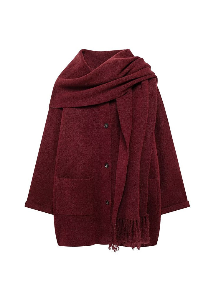 Women's Fashion Scarf Short Knit Coat Jacket Loose Warm Long Sleeve Two Pieces Solid Color High Street O-Neck Outerwear