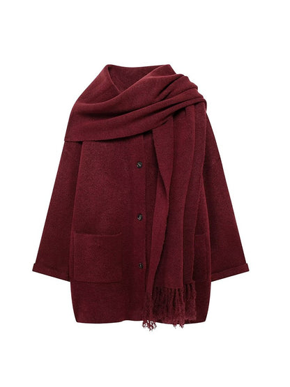 Women's Fashion Scarf Short Knit Coat Jacket Loose Warm Long Sleeve Two Pieces Solid Color High Street O-Neck Outerwear