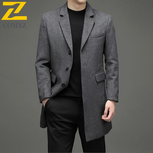 COMXZ 2025 Winter Woolen Trench Coat Men Retro Thick Cashmere Coat Korean Street Man Clothes Lightw Luxury Wool Blends Overcoat