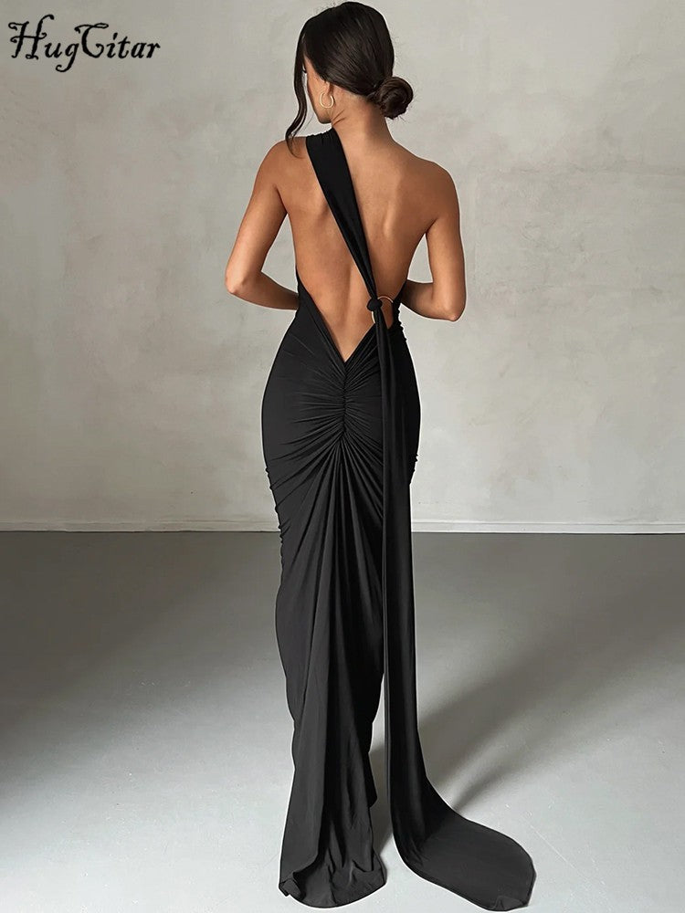 Hugcitar One Shoulder Backless Adjustable Scarf Loop Ruched Sexy Maxi Dress Wome