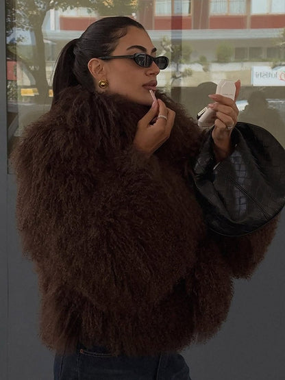Fashion Solid Plush Faux Fur Coat Women Elegant Warm Long Sleeves Loose Jacket 2025 Lady Winter Chic High Street Outerwear ?