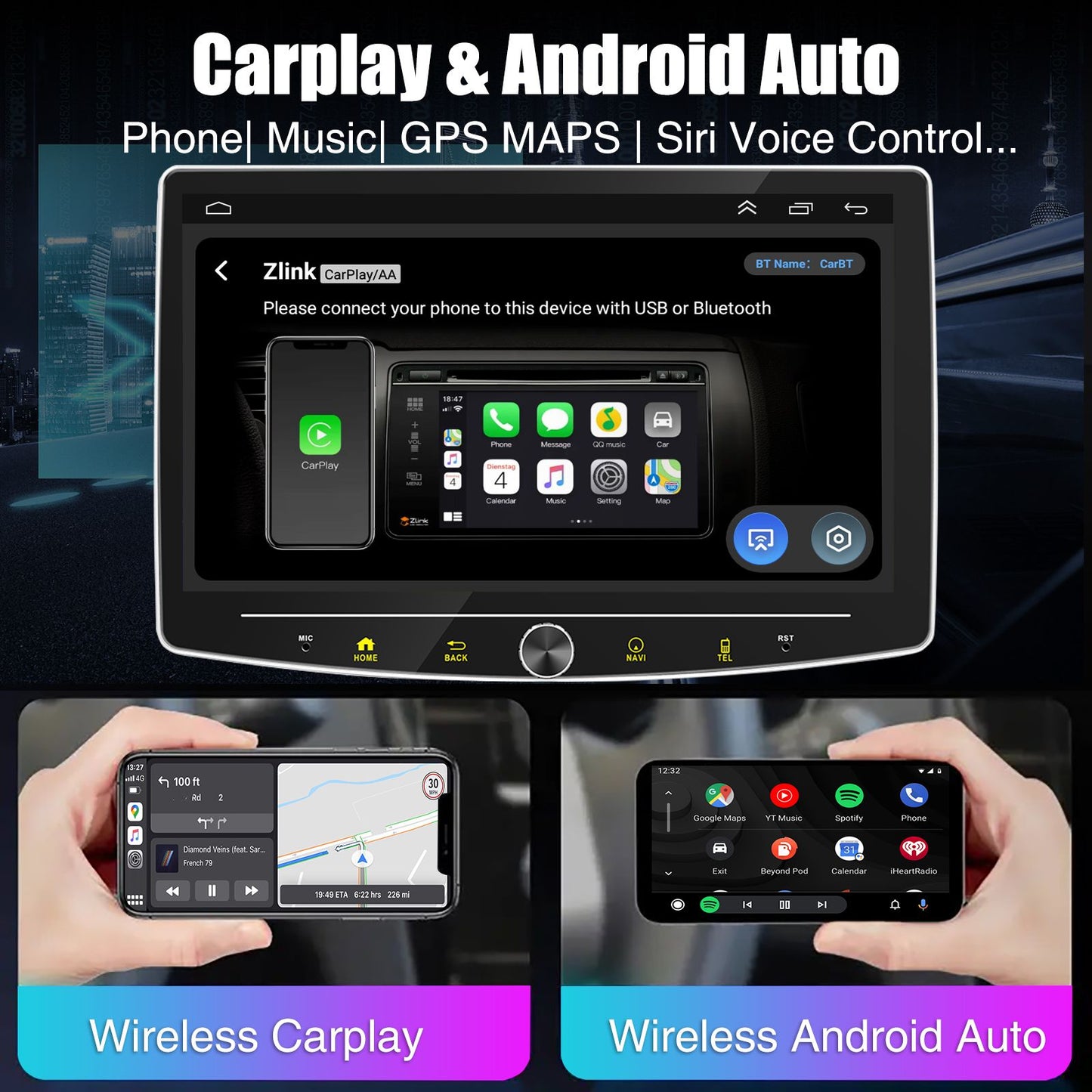 4+64GB Single 1 Din Android 14.0 10.1" Universal Wireless Carplay Rádio Estéreo Multimídia Automotivo GPS Navi WIFI Android Auto