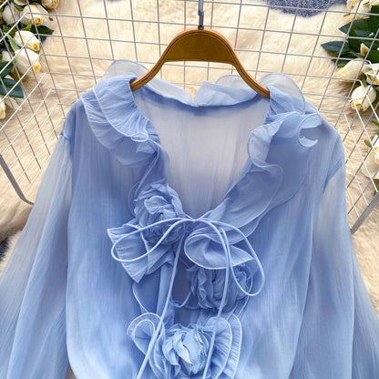 SINGREINY 3D Floral Beach Short Dress Female Long Sleeves Lace Up Ruffle Chiffon