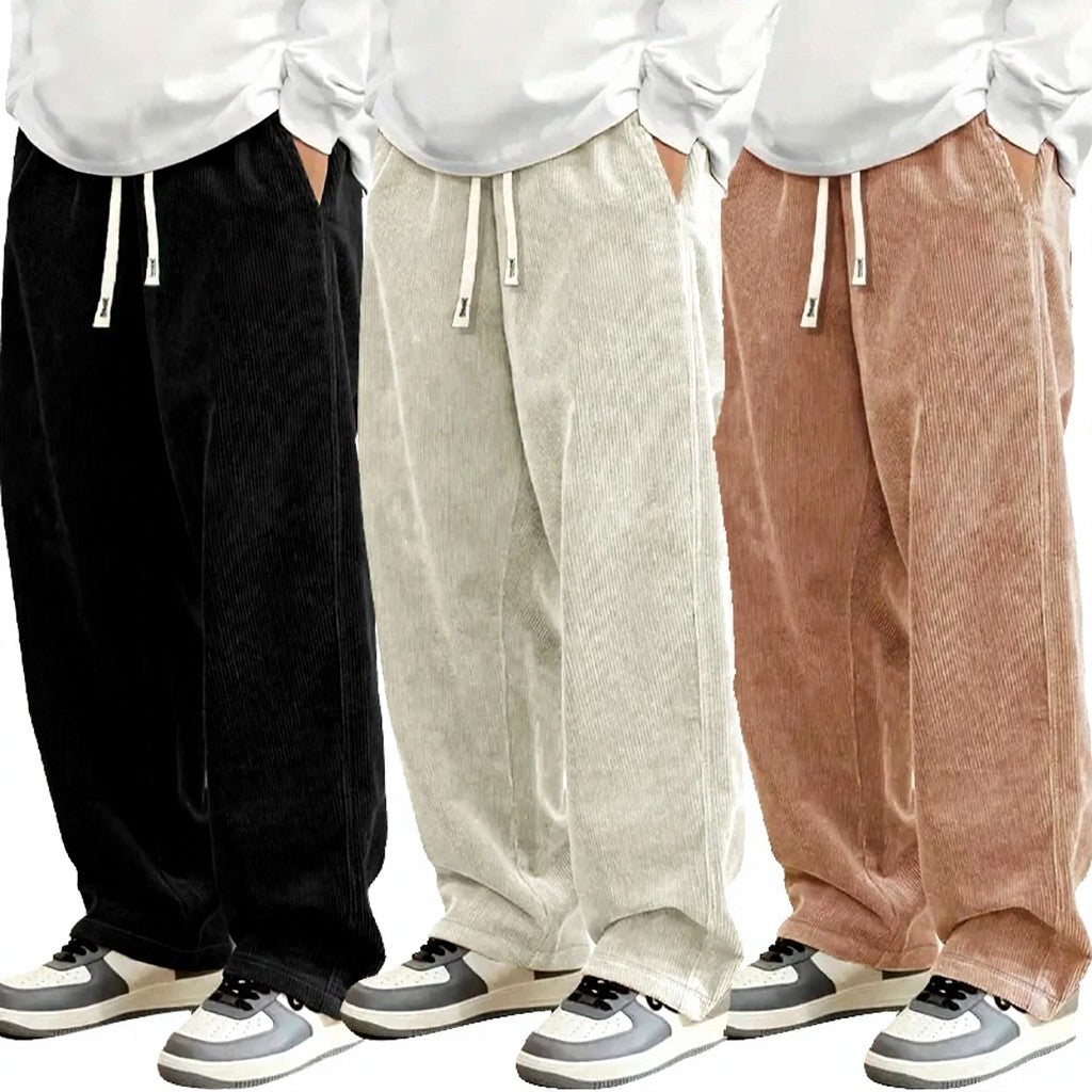 Mens Corduroy Casual Pants Fashion Loose Fit Baggy Pant Straight Sweatpants Elastic Waist Drawstring Outdoor Streetwear New 2025