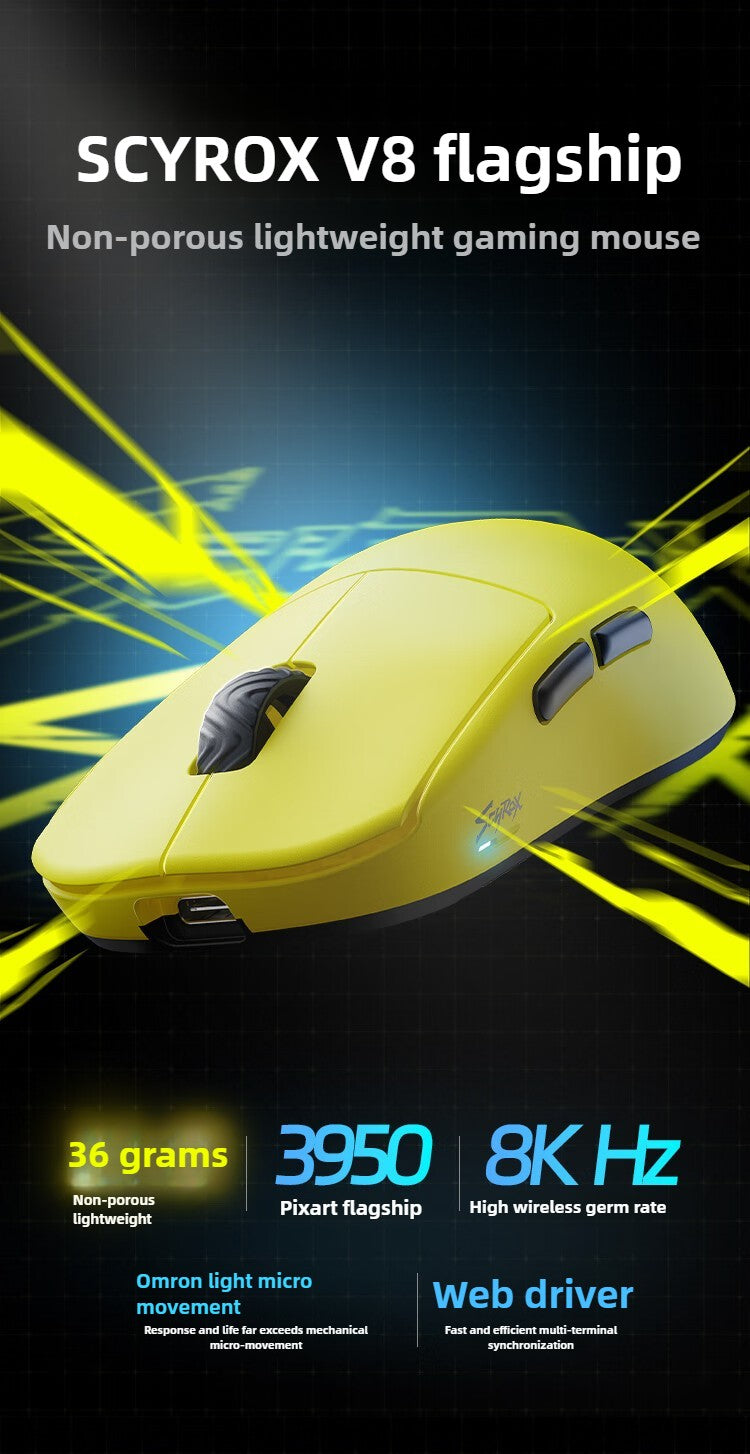 [EM ESTOQUE] SCYROX V8 8K Mouse Gamer Ergonômico com Fio e Sem Fio Ultraleve 36g PAW3950 E-Sports PC Gamer Acessório