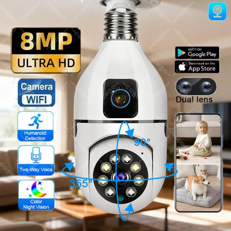 8MP WiFi IP Camera E27 Bulb Dual Lens Wireless Cam Baby Monitor Two-way Audio AI Human Tracking Smart Home Surveillance Camera