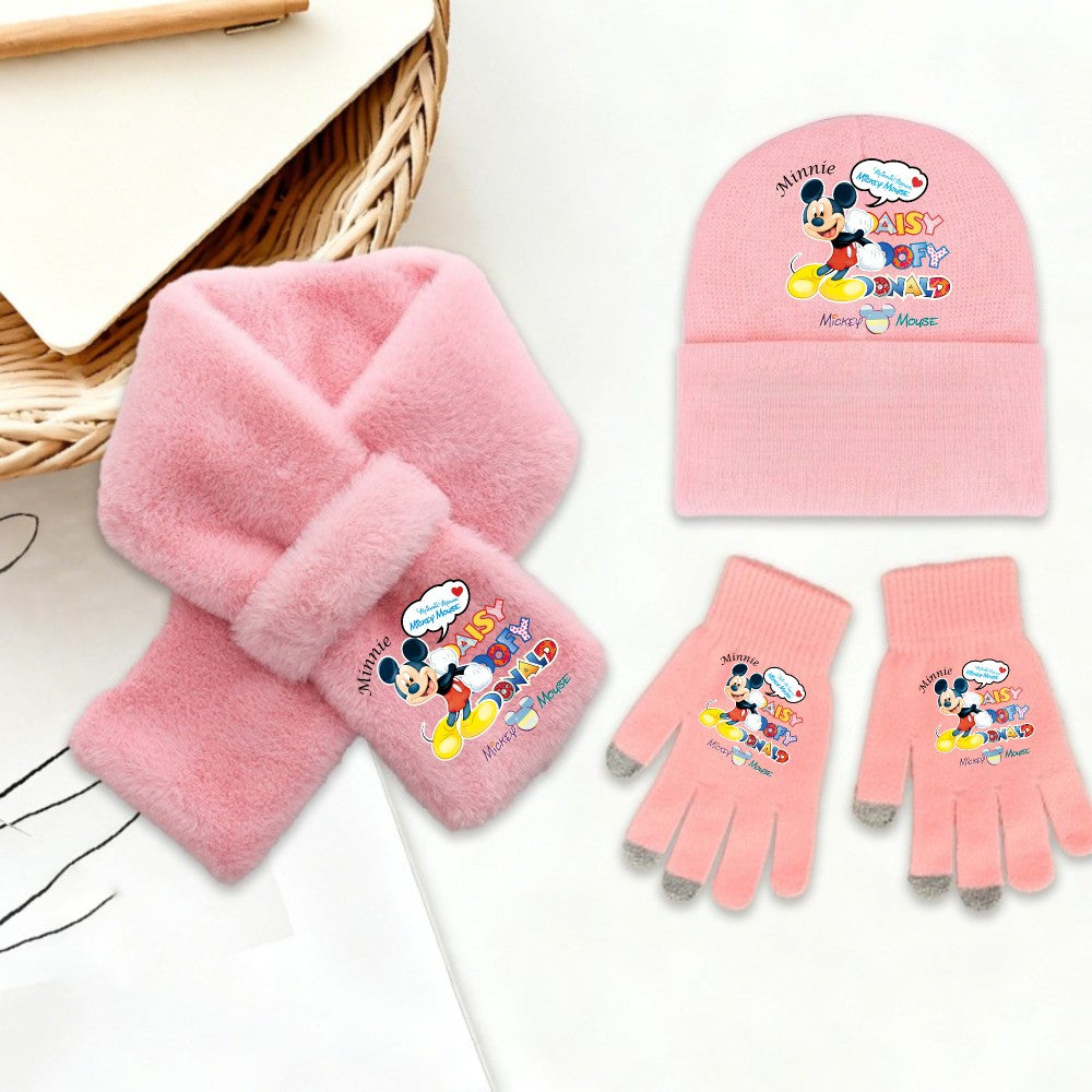 Disney Mickey Minnie 3 Peças Conjunto de Gorro Cachecol Luvas Quente e Macio para Meninas Crianças Moda Inverno Acessórios Casuais Presente de Aniversário Perfeito