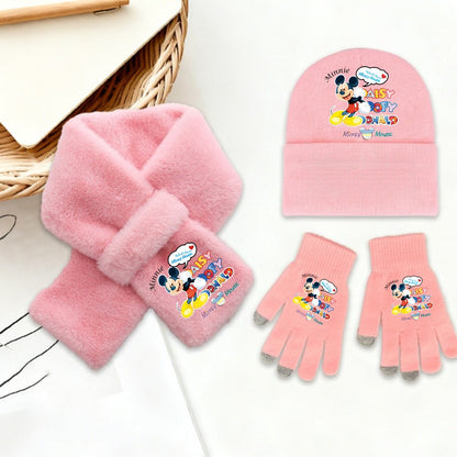 Disney Mickey Minnie 3 Peças Conjunto de Gorro Cachecol Luvas Quente e Macio para Meninas Crianças Moda Inverno Acessórios Casuais Presente de Aniversário Perfeito