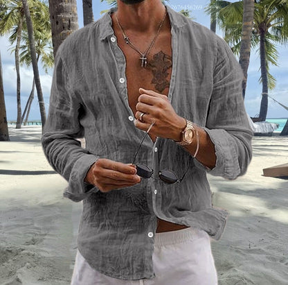 Men's cotton and linen shirt tops simple lapel solid color shirt tops comfortable loose casual vacation shirt express delivery