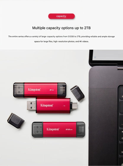 Pendrive USB de estado sólido portátil de alta capacidade Kingston, interface dupla USB 3.2/Gen2 Tipo-C, 1TB