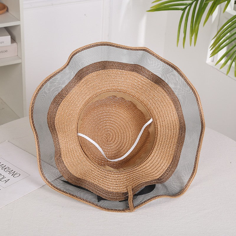 Chapéu de sol feminino dobrável de aba larga com laço, chapéu de palha elegante para proteção solar, moda praia 2021 gorras