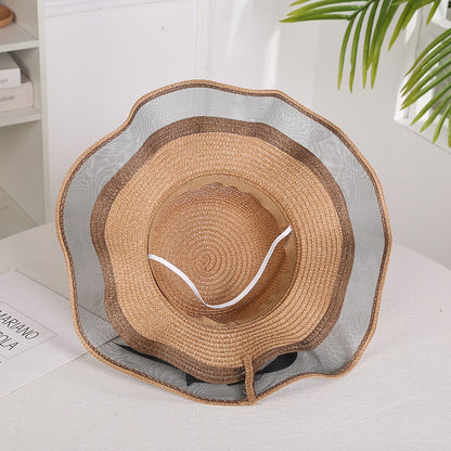 Chapéu de sol feminino dobrável de aba larga com laço, chapéu de palha elegante para proteção solar, moda praia 2021 gorras
