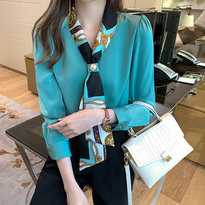 H Han Queen Spring Chiffon Simple Office Lady Blouse Female Shirt Bow Tops Long Sleeve Casual Korean OL Loose Blouses Women