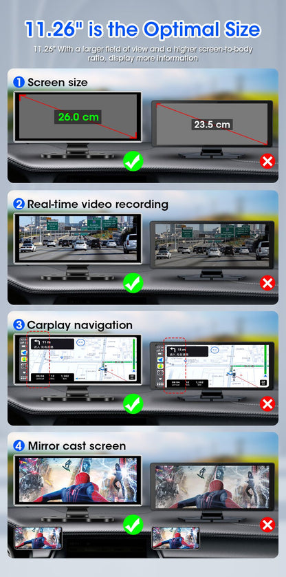 Câmera Veicular 10/11.26 polegadas 4K DVR Automotivo Sem Fio Carplay & Android Auto GPS Navegação Gravador de Vídeo Painel Dupla Lente Wifi FM AUX
