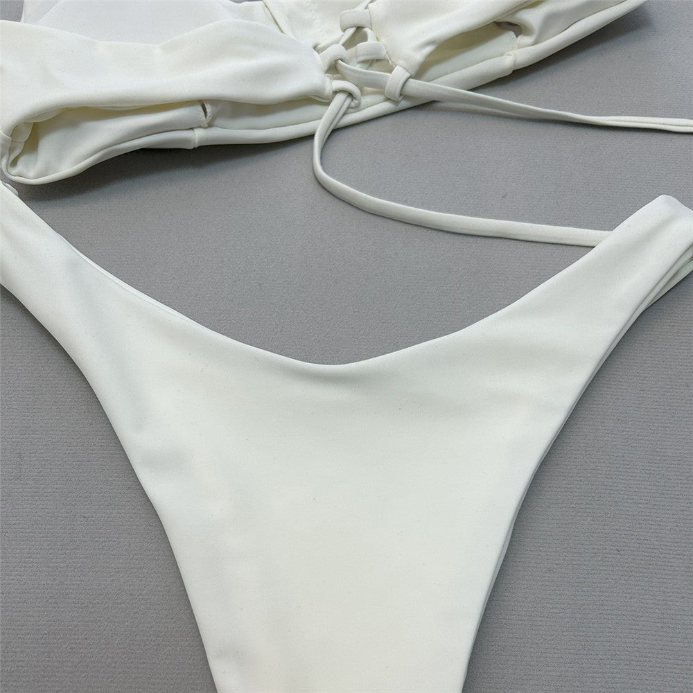 Brown Bandeau Micro Bikini Set Back String Lace-up Sexy Swimsuit Solid Swimwears Woman 2025 High Cut Bathing Suit Bikinis Femmes