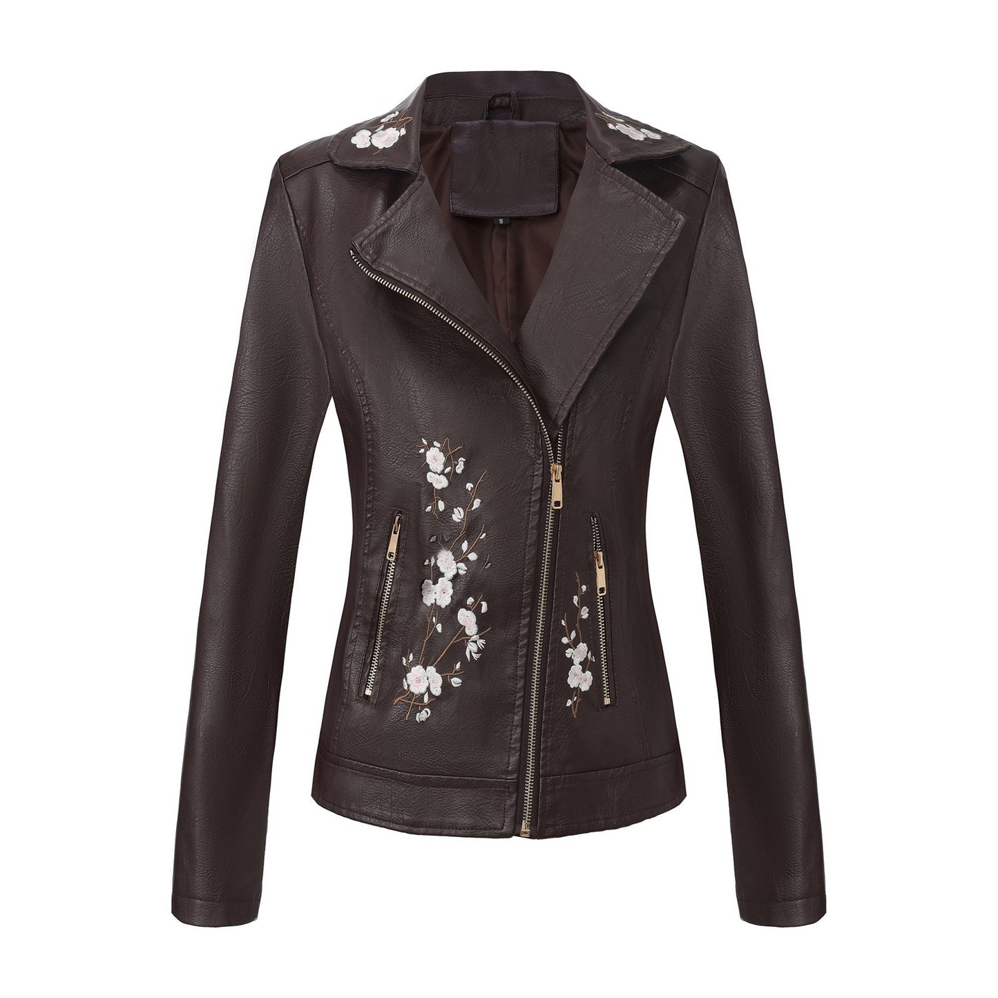New Fall Women's Black Embroidered PU Jacket, Street-Style Brown Faux Leather Coat, Fashionable Beige Long Sleeves Top.