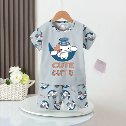 Spring and Autumn Girls' Short-sleeved Shorts Thin Air-conditioned Clothing Pajama Pajamas Sleepwear Robe Children's Mother Kids