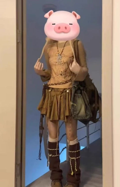 High Street Fashion Brand Brown Gothic Harajuku Fashion Skirt Retro Striped Casual Loose Streetwear Pleated Short Skirt Women