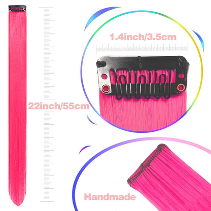 Hot Pink Hair Extensions Clip in, Colored Party Highlights Extension for Kids Girls Synthetic Hairpiece Straight 22 inch 2026