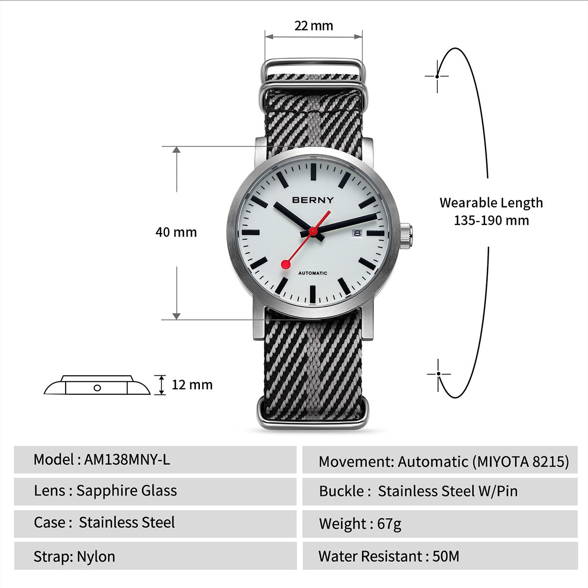 BERNY Automatic Watch Men 40mm Luminous Railway Time Dial MIYOTA 8215 Nylon Strap Sapphire 50M Waterproof Men's Mechanical Watch