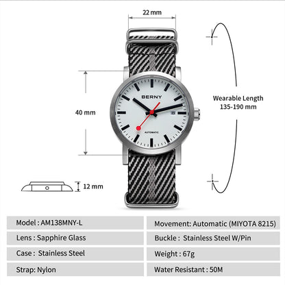 BERNY Automatic Watch Men 40mm Luminous Railway Time Dial MIYOTA 8215 Nylon Strap Sapphire 50M Waterproof Men's Mechanical Watch