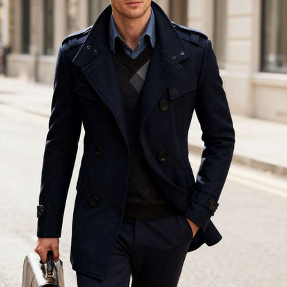 Men's Double-breasted Woolen Overcoat Fashion Solid Color Mid-length Jacket Luxury Light Business Stand Collar Trench Coat M-3XL