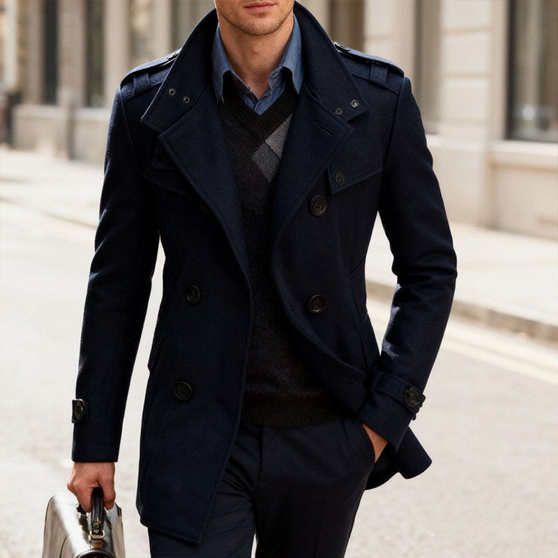 Men's Double-breasted Woolen Overcoat Fashion Solid Color Mid-length Jacket Luxury Light Business Stand Collar Trench Coat M-3XL