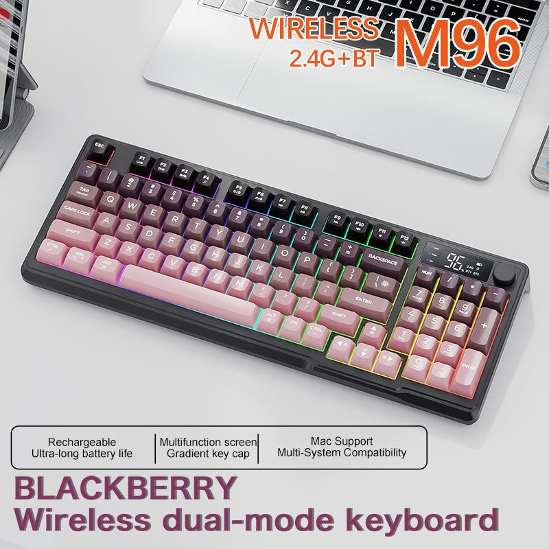 Teclado Sem Fio FreeWolf M96 com Tela, Teclado Gamer Bluetooth Conexão Dual-Mode, Conexão Multi-Dispositivos, Ergonômico