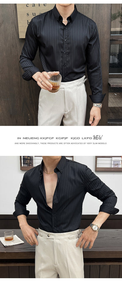 Striped Shirts for Men High-quality 2025 Autumn New Solid Business Casual Long Sleeved Elastic Slim Fit Dress Shirt Men Clothing