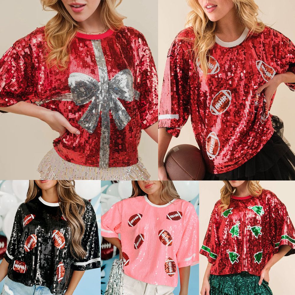 CHIC European American Festival Xmas Tree Bow Women Sequined T-shirt Short Top Casual Jersey Girls Short Sleeves Tee Christmas